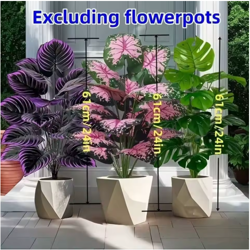 3pcs Outdoor Large Artificial Green Plant Set with 36 Leaves Suitable Designed Tropical Rainforest Landscapes for Home Garden