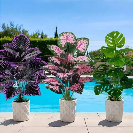 3pcs Outdoor Large Artificial Green Plant Set with 36 Leaves Suitable Designed Tropical Rainforest Landscapes for Home Garden