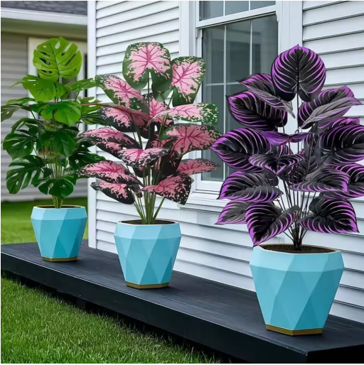 3pcs Outdoor Large Artificial Green Plant Set with 36 Leaves Suitable Designed Tropical Rainforest Landscapes for Home Garden