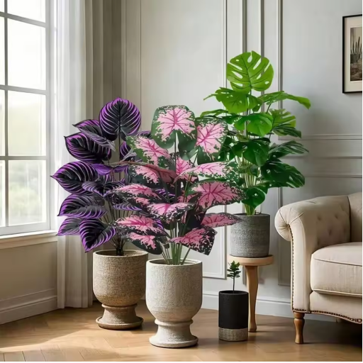 3pcs Outdoor Large Artificial Green Plant Set with 36 Leaves Suitable Designed Tropical Rainforest Landscapes for Home Garden
