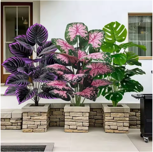 3pcs Outdoor Large Artificial Green Plant Set with 36 Leaves Suitable Designed Tropical Rainforest Landscapes for Home Garden