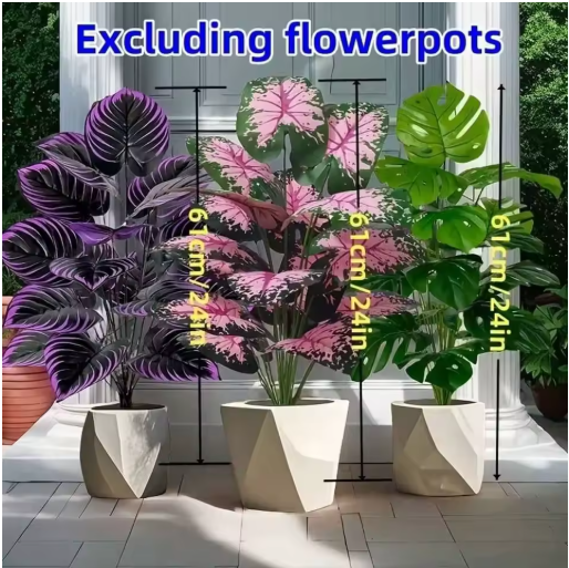 3pcs Outdoor Large Artificial Green Plant Set with 36 Leaves Suitable Designed Tropical Rainforest Landscapes for Home Garden