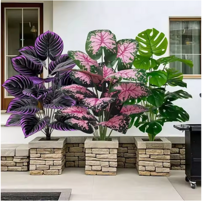 3pcs Outdoor Large Artificial Green Plant Set with 36 Leaves Suitable Designed Tropical Rainforest Landscapes for Home Garden